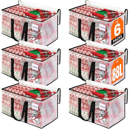 Moving Bags, Heavy Duty Large Storage Bags, 88L, 6 Pack, Clear | Water-Resistant Packing Bags with Reinforced Handles & Dual Zippers, Foldable Storage Totes for Dorm Move & Home Organization