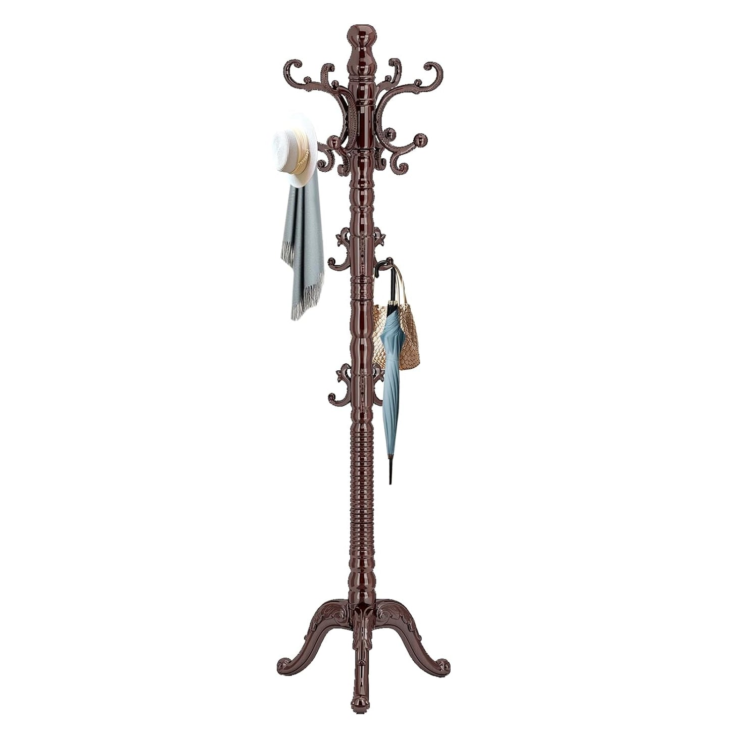 Wooden Coat Rack Stand, Solid Wood Freestanding Coat Rack, Vintage Coat Racks with 14 Hooks & Triangle Base, Standing Coat Hanger Jacket Tree Stand for Office, Entryway, Hallway