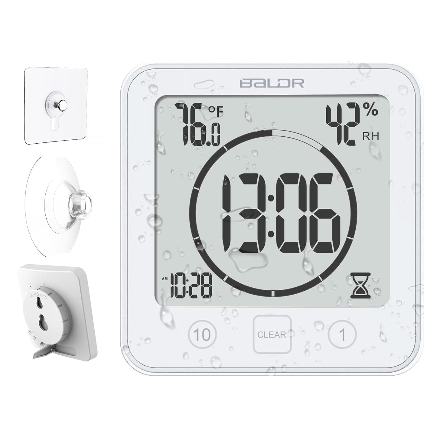Baldr Waterproof Bathroom Shower Clock with Timer, Temperature and Humidity | Digital Timers for Kids and Adults, Bath Kitchen Study, White