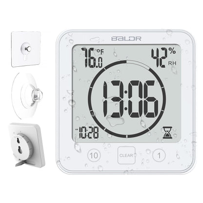 Baldr Waterproof Bathroom Shower Clock with Timer, Temperature and Humidity | Digital Timers for Kids and Adults, Bath Kitchen Study, White