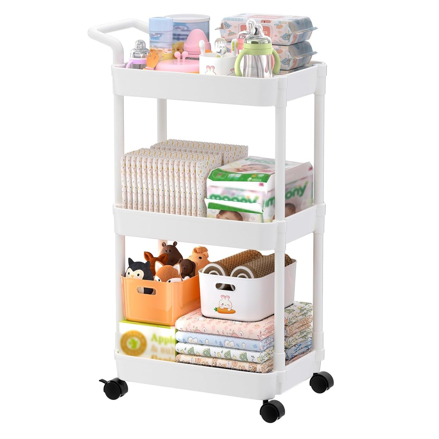 Baby Diaper Caddy, Plastic Movable Cart for Newborn Nursery Essentials Diaper Storage Organizer for Changing Table & Crib, Easy to Assemble, Baby Registry, Off-White