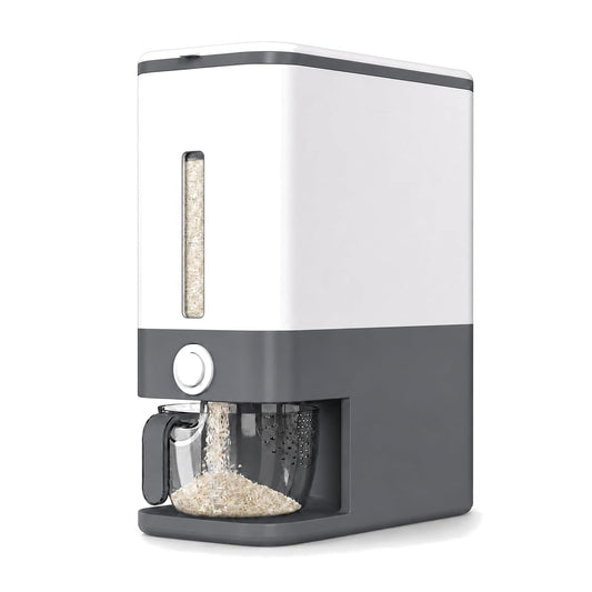 Proarea Rice Dispenser 25 Lbs, Airtight Grain Rice Storage Container with Measuring Cup, One-Touch Dry Food Dispenser for Kitchen Pantry, Clear Scale Window, Graphite Gray