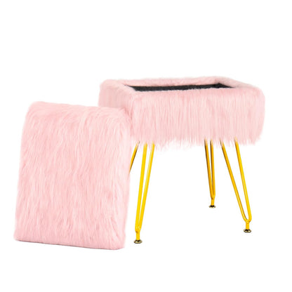 Vanity Stool Chair with Storage, Soft Ottoman Seat Vanity Chair with Anti-Slip Feet, Fluffy Padded Seat Multifunctional Footrest Side Table with 4 Metal Legs for Makeup, Bedroom, Dorm, Pink