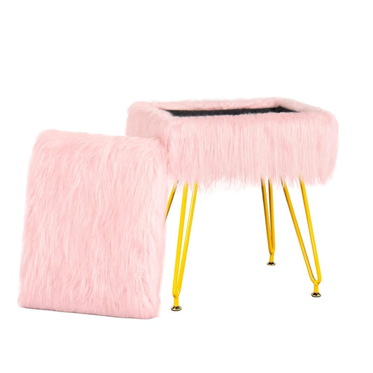 Vanity Stool Chair with Storage, Soft Ottoman Seat Vanity Chair with Anti-Slip Feet, Fluffy Padded Seat Multifunctional Footrest Side Table with 4 Metal Legs for Makeup, Bedroom, Dorm, Pink
