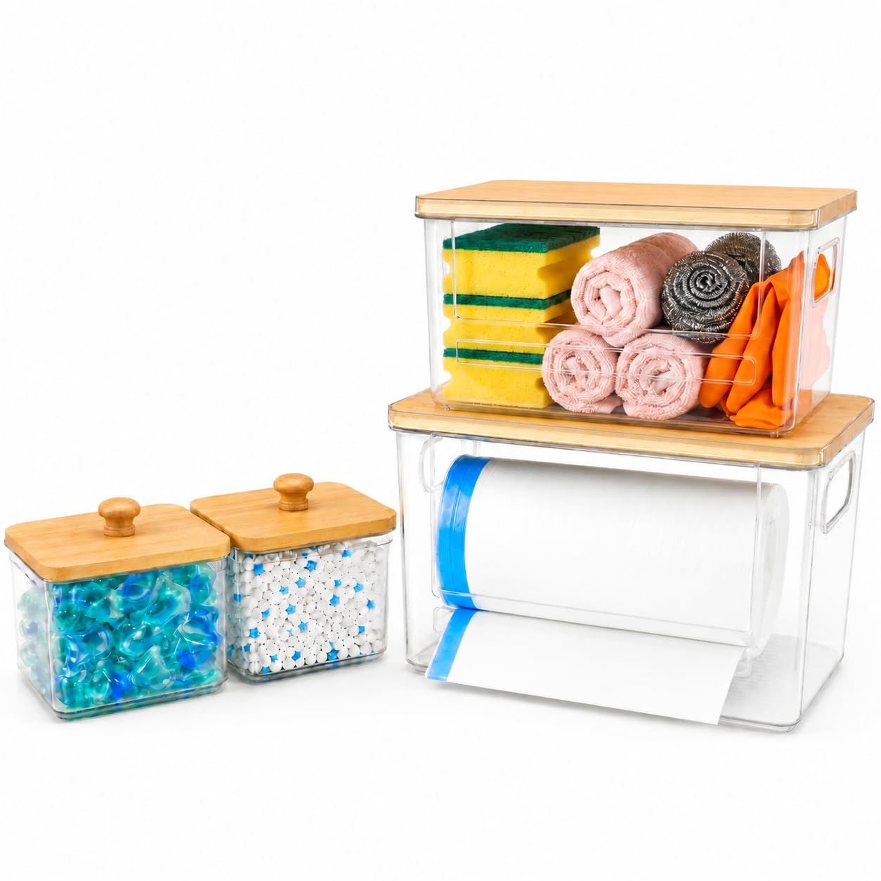 4 PACK Stackable Trash Bag Dispenser Organizer, Multi-Purpose Under Sink Garbage Bag Storage Holder for Kitchen Cabinet Pantry Laundry Room Grocery Plastic Bag Container Organizer