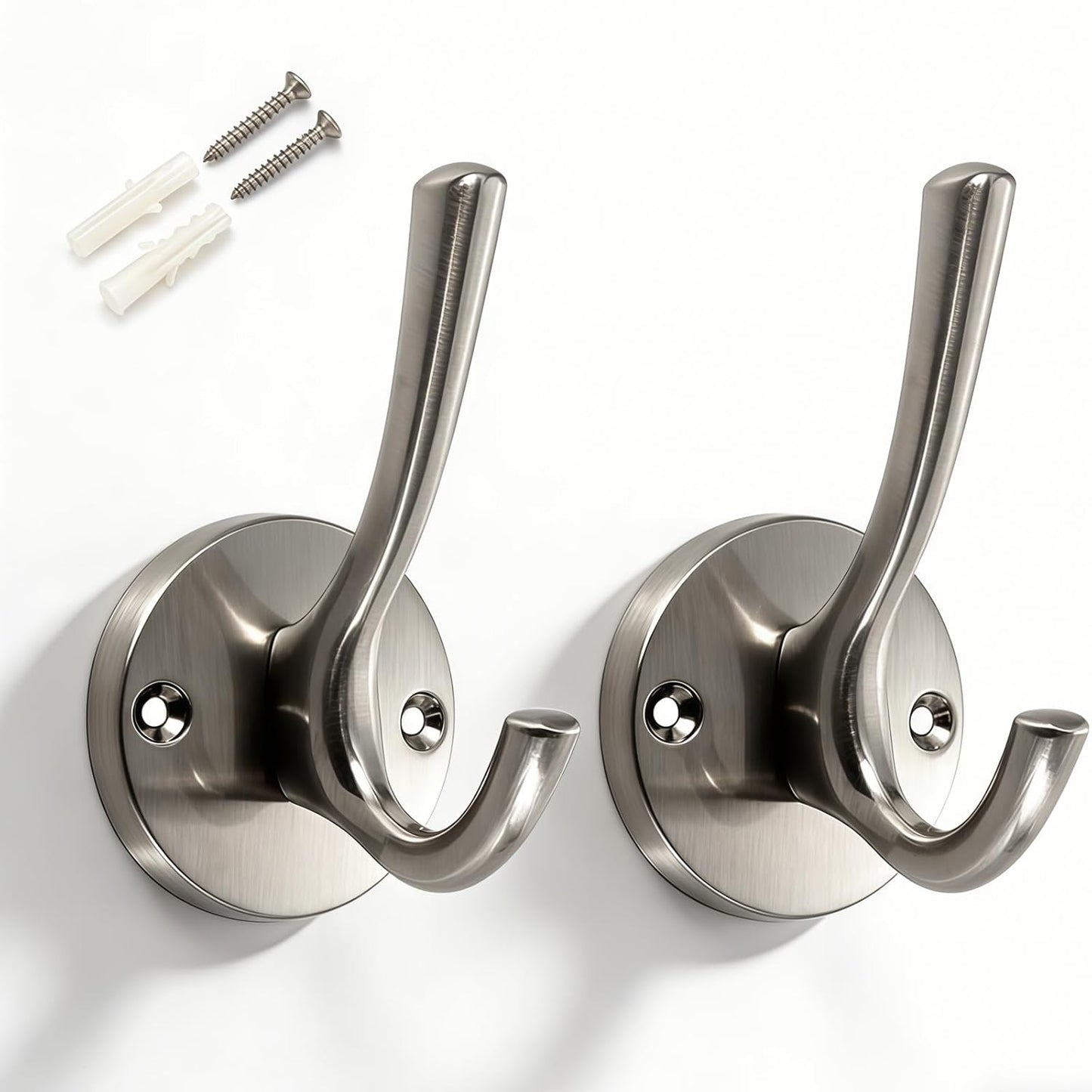 Towel Hooks for Bathrooms Silver Wall Hooks 2 Pack Brushed Nickel Coat Hooks Heavy Duty Towel Wall Hooks for Coats Robes Hats Bath Entryway Cubicle Kitchen Screw in Brushed Nickel Towel Hooks