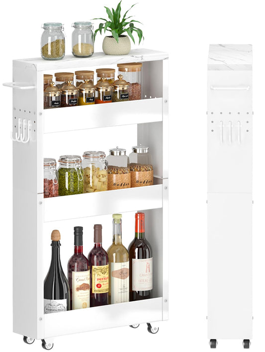 Slim Storage Cart, 4 Tier Narrow Kitchen Rolling C... (White | Metal, Wood)