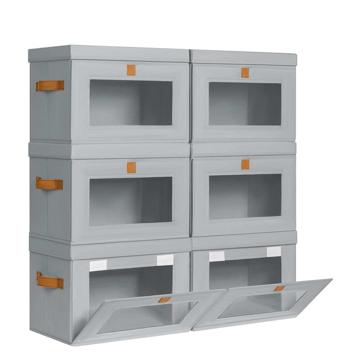 DIMJ Storage Bins with Lids - 6 Pack Front Opening Stackable Fabric Storage Boxes with Clear Window & Handles, Collapsible Closet Organizers for Clothes, Sweaters, Shelf Storage, Bedroom, Gray