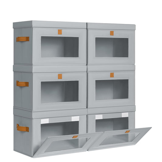 DIMJ Storage Bins with Lids - 6 Pack Front Opening Stackable Fabric Storage Boxes with Clear Window & Handles, Collapsible Closet Organizers for Clothes, Sweaters, Shelf Storage, Bedroom, Gray