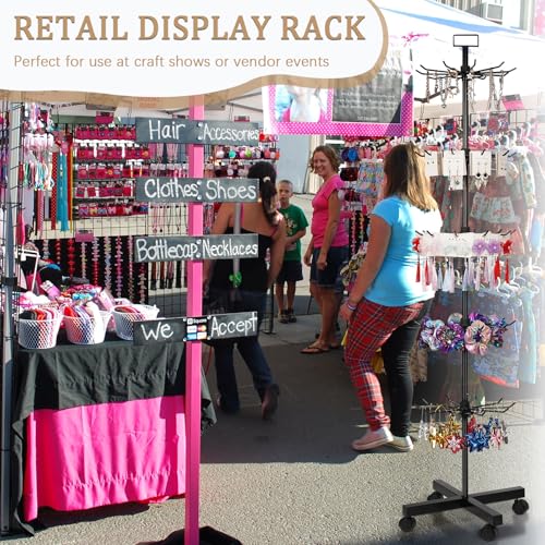 5 Tier Retail Display Stand Store Display Rack, Black | Metal Spinning Display Stand Rack with Wheels Keychain Jewelry Stocking Hat Display Stand with Hooks for Malls, Retail Store