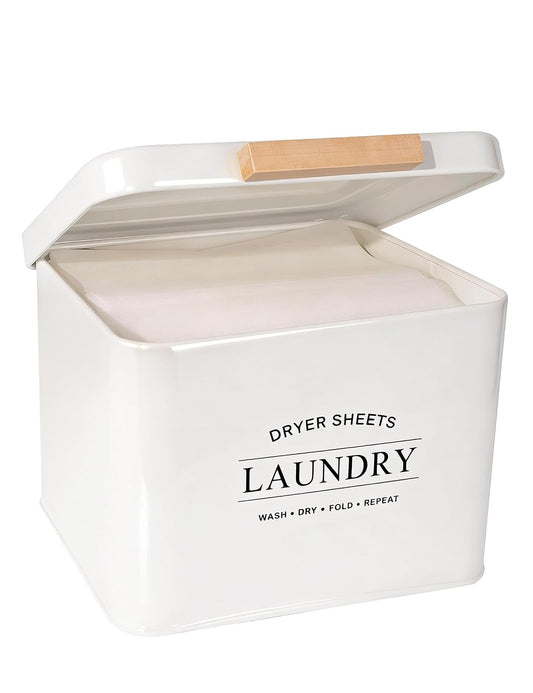 Dryer Sheet Holder with Hinged Lid for Laundry Room Organization, Metal Farmhouse Dryer Sheet Container, Laundry Room Decor and Accessories (Cream)