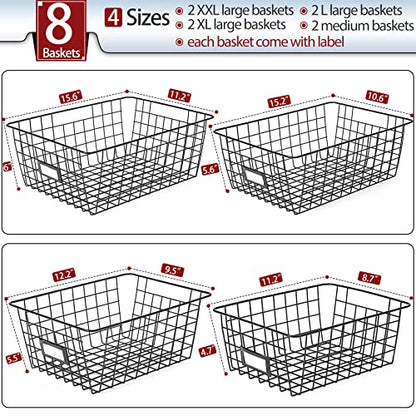 8 Set, Extra Large Wire Baskets for Organizing with Lables, Cabinet Pantry Organization and Storage Bins - Metal Basket for Kitchen, Laundry, Garage, Fridge, Bathroom Countertop Organizer, Black