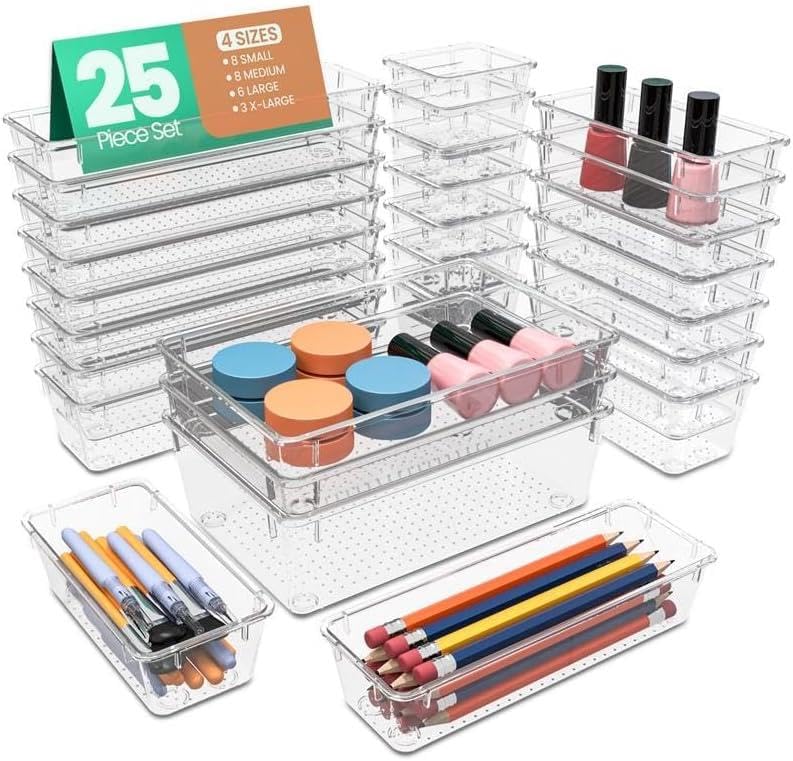 KICHLY 25-Piece Clear Drawer Organizer Set – Multi-Size Storage Trays | Bathroom, vanity, makeup, kitchen & office use | Caddy style | Desk organizer set