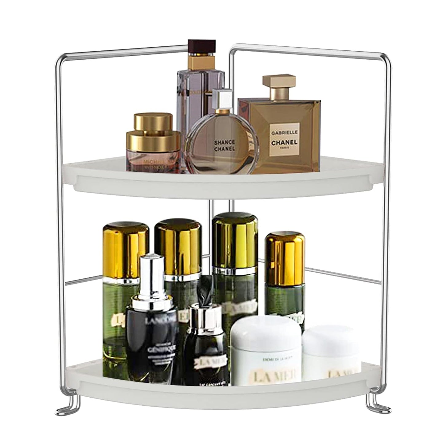 2-Tier Corner Bathroom Sink Countertop Organizer-Vanity Tray Cosmetic & Makeup Storage-Kitchen Spice Rack Standing Shelf,Perfect Storage Shelf for Bathroom,Bedroom,Kitchen,Vanity,Silver