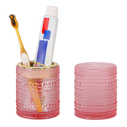 Pink Glass Toothbrush Holder, Bathroom Toothbrush Holder Set, 2pcs 10oz Tumbler Cup, Toothbrush and Toothpaste Holder with Gold Divider, Bathroom Storage Canisters Organizer for Decor