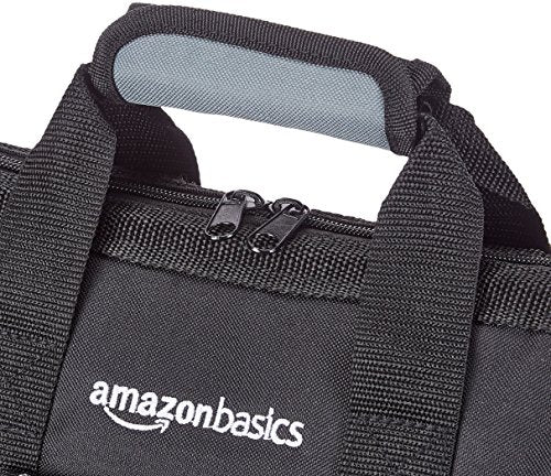 Amazon Basics Durable Wear-Resistant Tool Storage Bag with Adjustable Shoulder Strap, Portable Tool Organizer, 16 Pockets, 12 in, Black & Gray