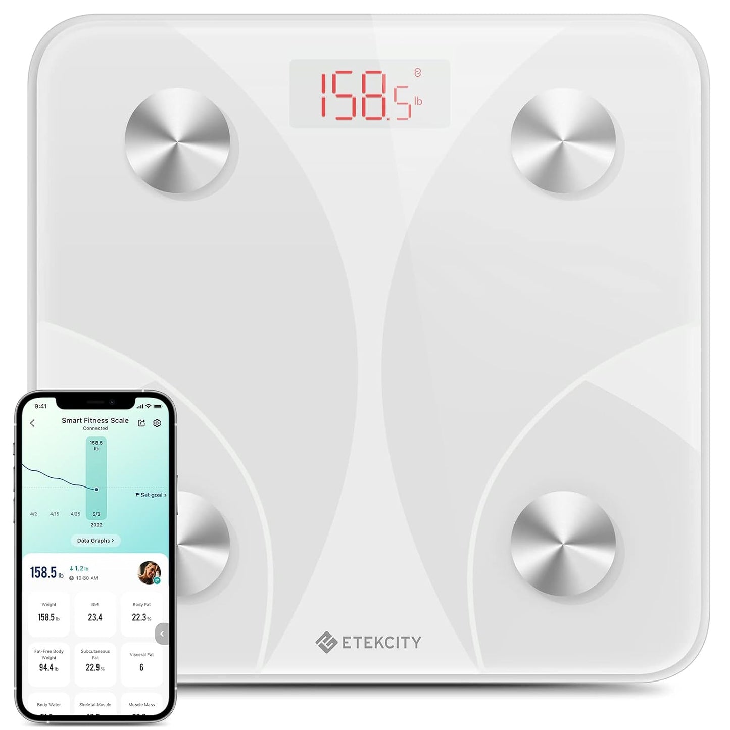 Etekcity Smart Scale for Body Weight, Body Fat, Water Weight, White, 400 lb