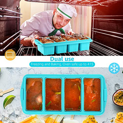 Silicone Freezer Tray With Lid - Silicone Freezer Food Molds- Large Ice Cube Tray,Silicone Freezer Container,Freeze & Store Soup, Sauce, Broth,Leftovers - Makes 4 Perfect 1 Cup