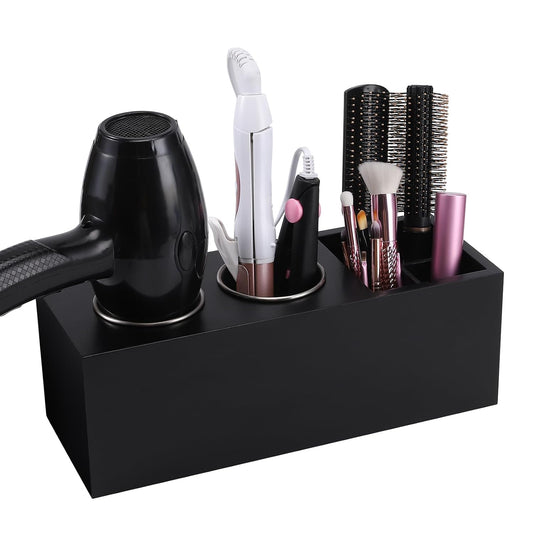 Hair Dryer Holder and Tool Organizer, Curling Iron Holder (Wood, Black) | Dryer Holder Organizer for Wall Mount or Countertop, Self-Adhesive Hooks, makeup brushes Storage, Multi-Compartment Design
