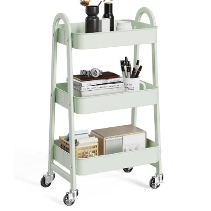 OLIXIS Metal 3 Tiers Rolling Storage Utility Cart with Lockable Wheels | Mobile Organizer Shelf, Space-Saving, Freestanding, Bathroom, Living Room, Slim, Narrow Corner Spaces, Pale Green
