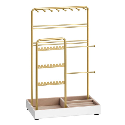 SONGMICS Necklace Holder, Jewelry Stand Holder Organizer, Jewelry Display with Metal Frame, Velvet Tray, Earring Bracelet Holder, for Gift Idea, 4.5 x 7.7 x 12.1 inch, Pale Gold UJJS021A01