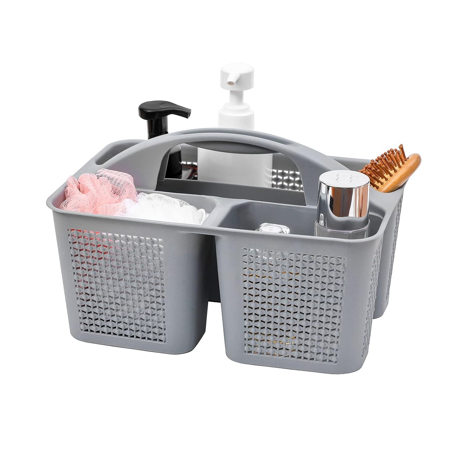 Plastic Portable Shower Caddy Basket with Handle, 3 Compartments, Grey | Storage Organizer with Drain Holes, Sturdy and Durable For Bathroom, Kitchen, College Dorm, Sink, Camping