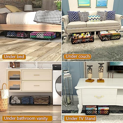 NADAMOO Under Bed Storage with Wheels, Low Profile Rolling Organizer Bins | Ultra-low 5.4" Height, 360° Swivel Casters, Strong Metal Containers Hold Shoes, Clothing, Toys, Dorm & Home Use, 2 Pack