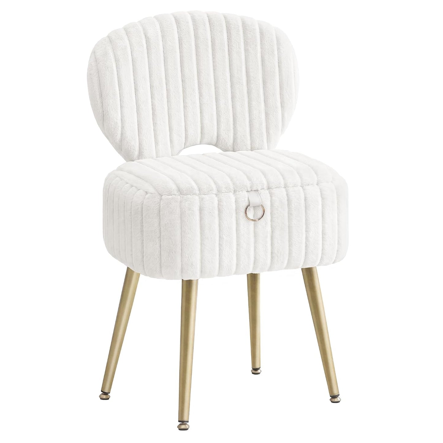 SONGMICS Small Vanity Chair with Storage and Folding Back, Vanity Stool, Footrest Footstool Ottoman, Dressing Table Stool, Furry Padded Seat, for Makeup Room, Bedroom, Cream White ULOM532WD01