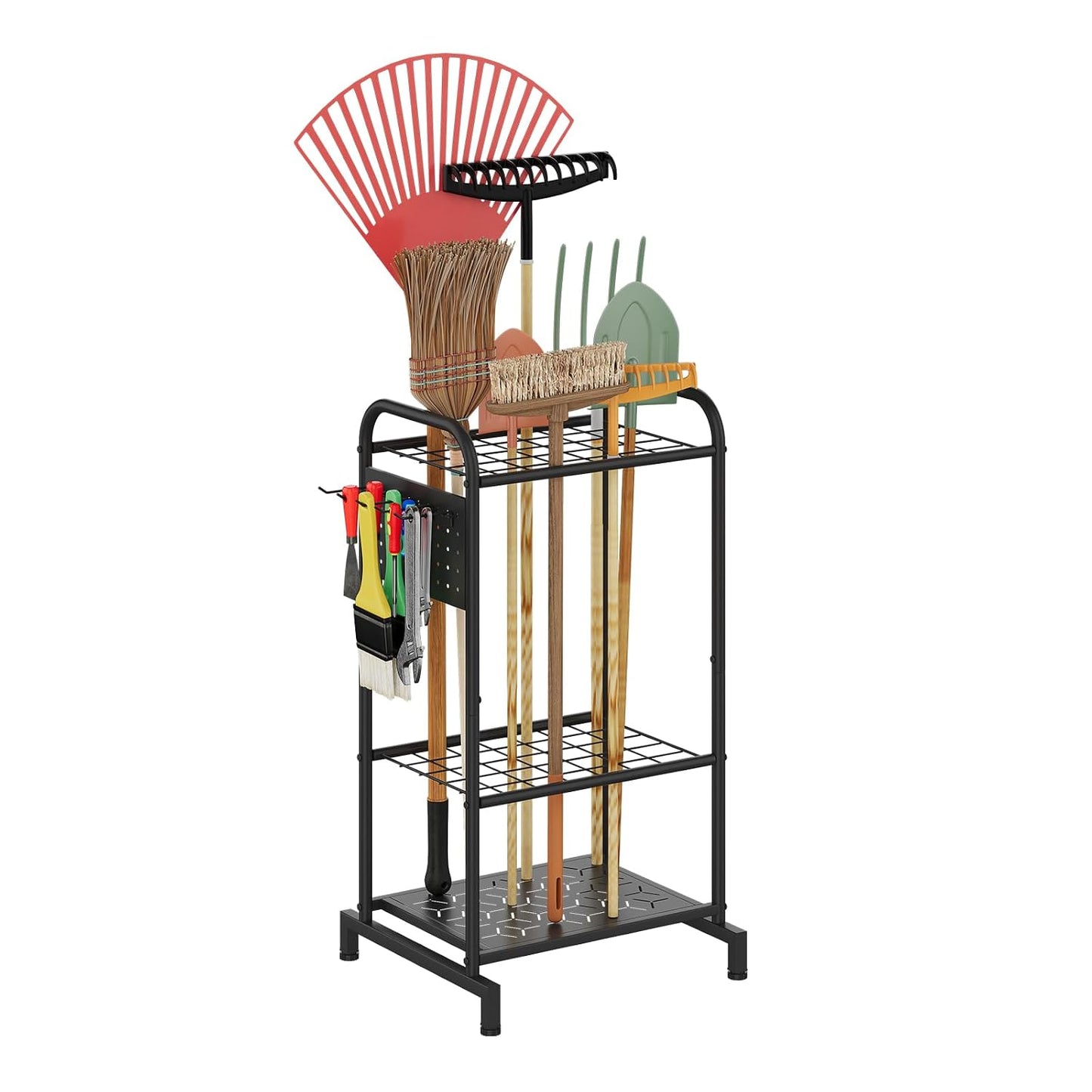 Garden Tool Organizer with Hooks Yard Tool Rack Heavy Duty Steel Yard Tool Organizer and Garden Storage Holder Broom Holder for Shed, Patio, Outdoor Indoor