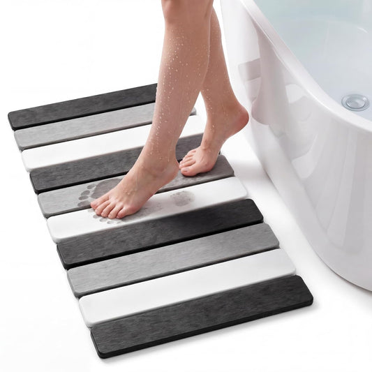 Stone Bath Mats for Bathroom, 23.6 x 15.3 Inch Foldable Super Absorbent Diatomaceous Earth Bath Mat, Non Slip Quick Drying Bathroom Shower Rugs, Easy to Clean and Storage(Square Edge)