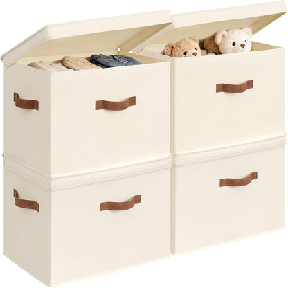 CHICVITA 4-Pack Large Fabric Storage Bins with Lids for Shelves, Ivory | 17.1" x 11.2" x 11.6" Decorative Storage Boxes with Handles for Clothes Fit Closet, Toy Box with Support Plate for Playroom