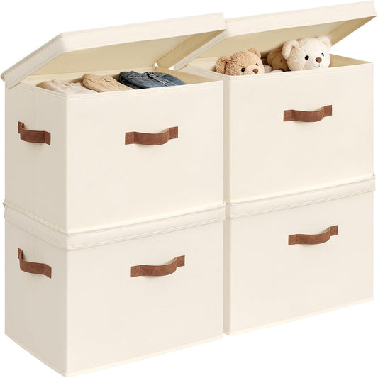 CHICVITA 4-Pack Large Fabric Storage Bins with Lids for Shelves, Ivory | 17.1" x 11.2" x 11.6" Decorative Storage Boxes with Handles for Clothes Fit Closet, Toy Box with Support Plate for Playroom
