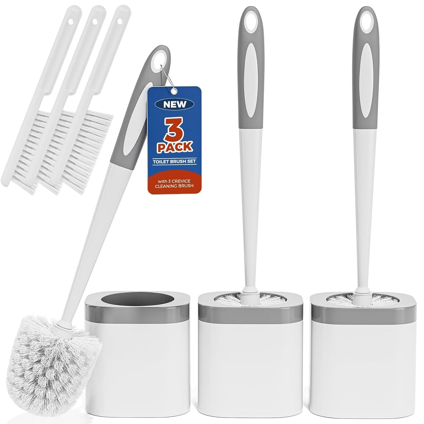 Toilet Brush and Holder Set, Space Saving, 3 Pack, White | Bathroom Accessories, Ergonomic Silicone Handle, Dense Bristles, Deep Cleaning, with 3 Crevice Brushes, Compact Design