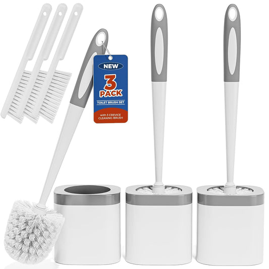 Toilet Brush and Holder Set, Space Saving, 3 Pack, White | Bathroom Accessories, Ergonomic Silicone Handle, Dense Bristles, Deep Cleaning, with 3 Crevice Brushes, Compact Design