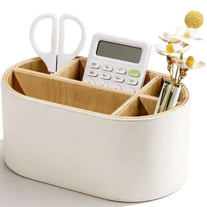 PU Leather Desk Organizer with Multi Compartments, Desktop Caddy Holder for Remote Controls, Pens, Makeup Brushes, Office Accessories (Beige)