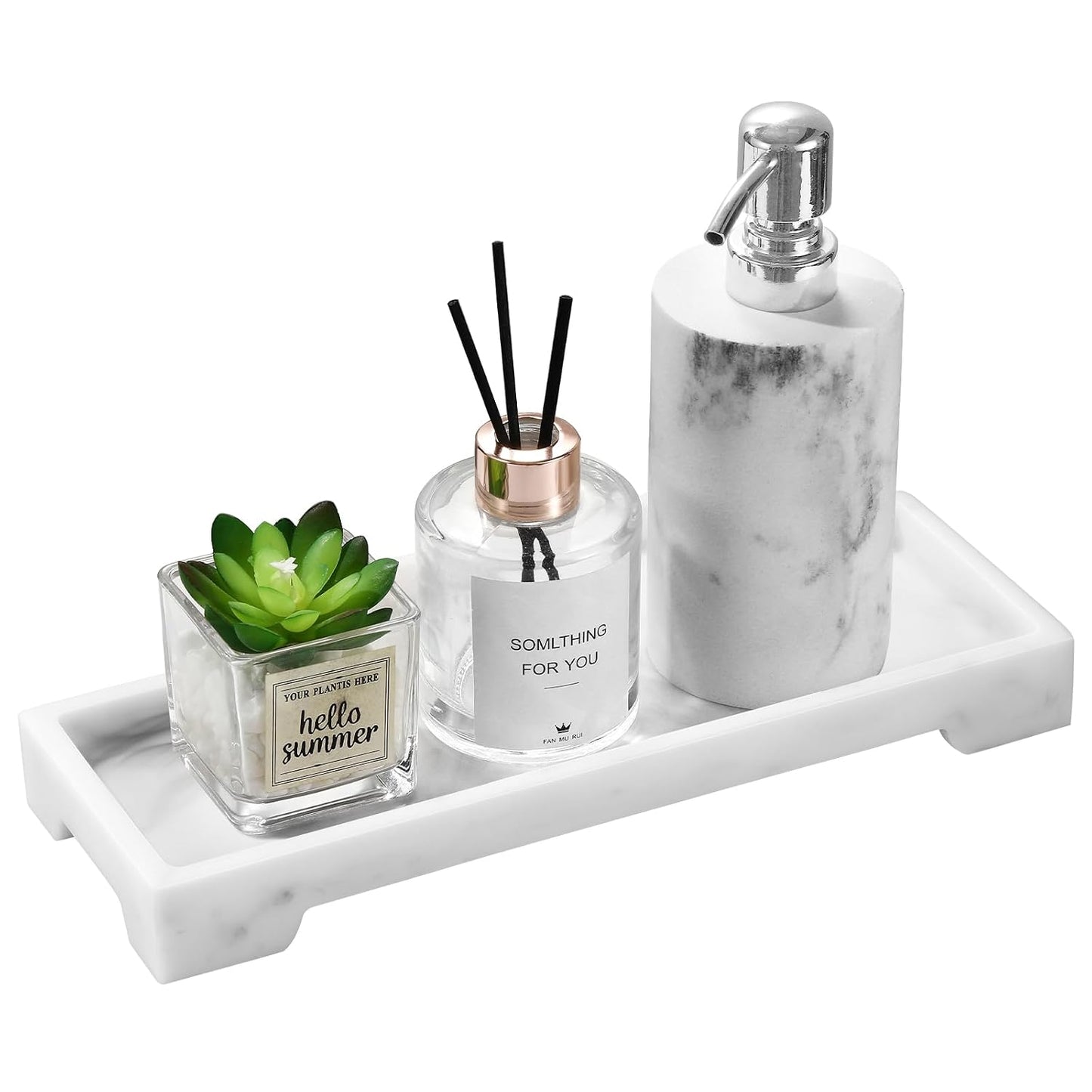 Luxspire Marble Tray for Soap Dispenser Perfume Jewelry, S, Marble White | 11 x 4 inch, non-slip waterproof resin, easy wipe clean, fits bath kitchen vanity, holds jewelry toiletries soap