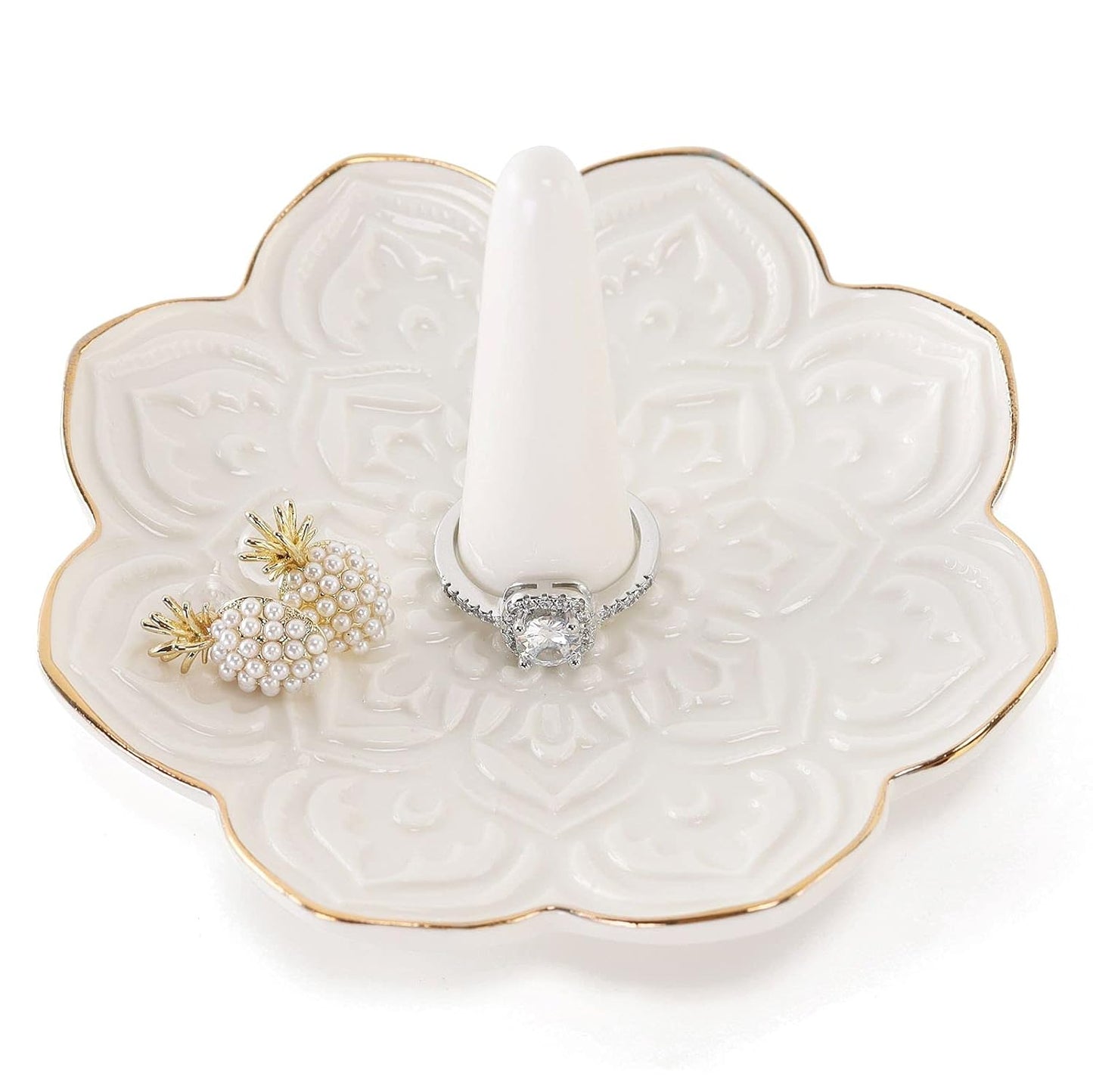 Ceramic White Mandala Jewelry Holder Decorative Ring Holder/Trinket Tray Engagement Wedding Birthday Gifts for Women Her