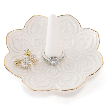 Ceramic White Mandala Jewelry Holder Decorative Ring Holder/Trinket Tray Engagement Wedding Birthday Gifts for Women Her