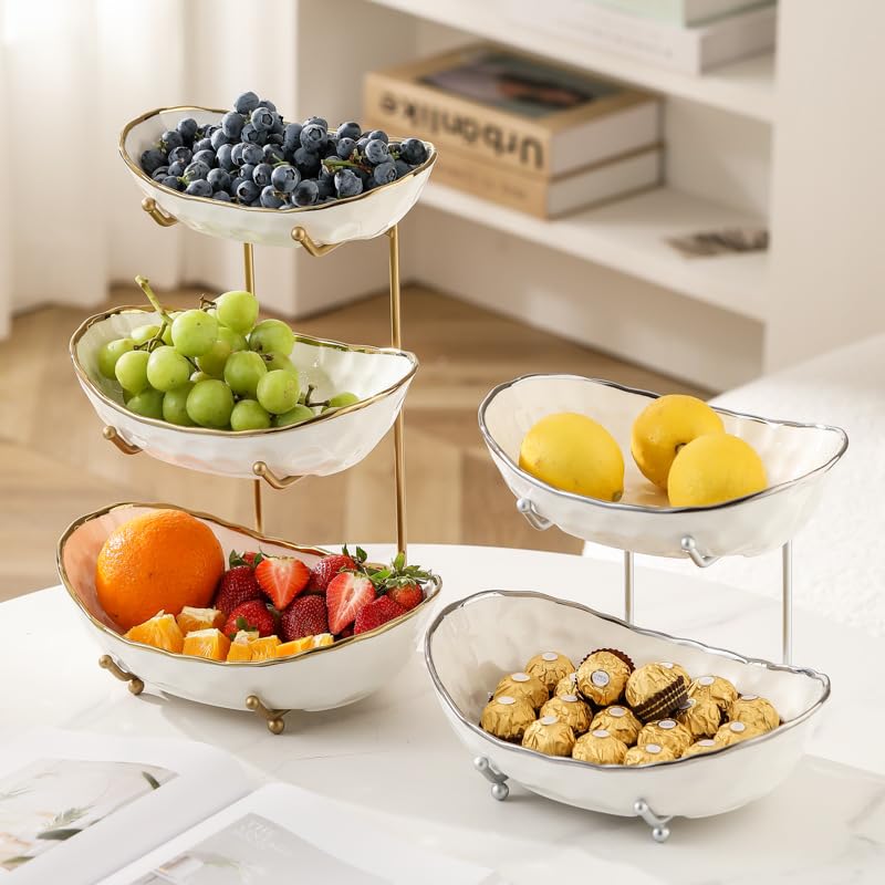 White Fruit Bowl with Gold Metal Stand, 3 Tier Modern Ceramic Fruit Bowl Fruit Rack for Kitchen Counter, Tiered Fruit Basket for Snacks Bread Candy Storage (White,3 Tier)