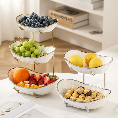 White Fruit Bowl with Gold Metal Stand, 3 Tier Modern Ceramic Fruit Bowl Fruit Rack for Kitchen Counter, Tiered Fruit Basket for Snacks Bread Candy Storage (White,3 Tier)