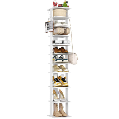 HOMEFORT 10-Tier Vertical Shoe Rack, Corner Shoe Tower, Slim Shoe Organizer with Two Hanging Hooks, Wooden Shoe Storage Stand for Entryway, Hallway, Closet (White)
