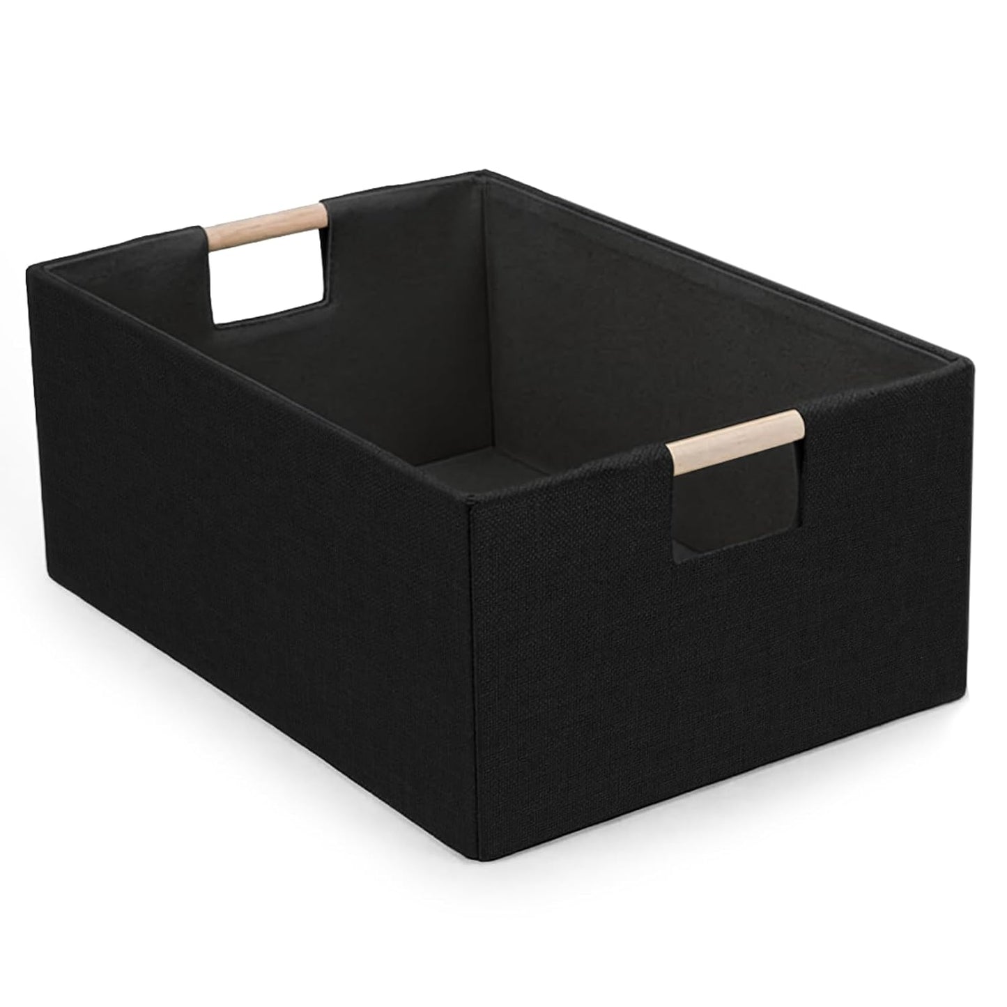 Foldable Fabric Storage Basket for Shelves, Linen Decorative Storage Bin with Wooden Handles, Small Organizer Cube for Closet, Rectangle Canvas Box for Organizing, Decor, 15x10.6x6 Inches (Blcak)