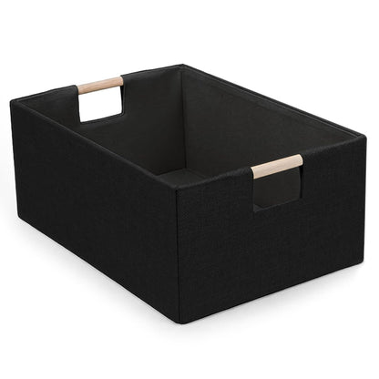 Foldable Fabric Storage Basket for Shelves, Linen Decorative Storage Bin with Wooden Handles, Small Organizer Cube for Closet, Rectangle Canvas Box for Organizing, Decor, 15x10.6x6 Inches (Blcak)