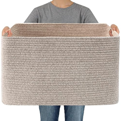 65L Large Woven Cotton Rope Blanket Basket, Oatmeal | Blanket Storage for Living Room or Bedroom Use, Freestanding with Reinforced Handles, Entire Basket is Machine Washable