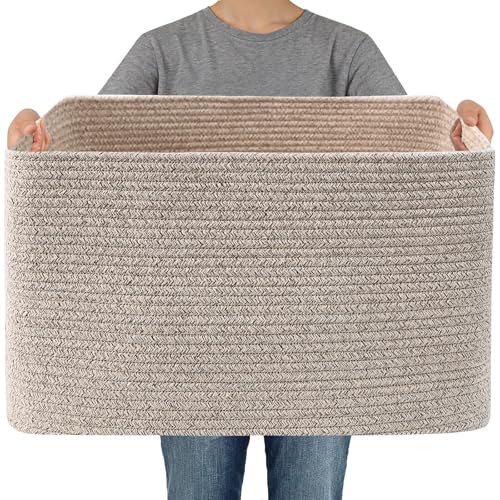 JMvicyroam 65L Large Woven Cotton Rope Blanket Basket, Oatmeal | Blanket Storage for Living Room or Bedroom Use, Freestanding with Reinforced Handles, Entire Basket is Machine Washable