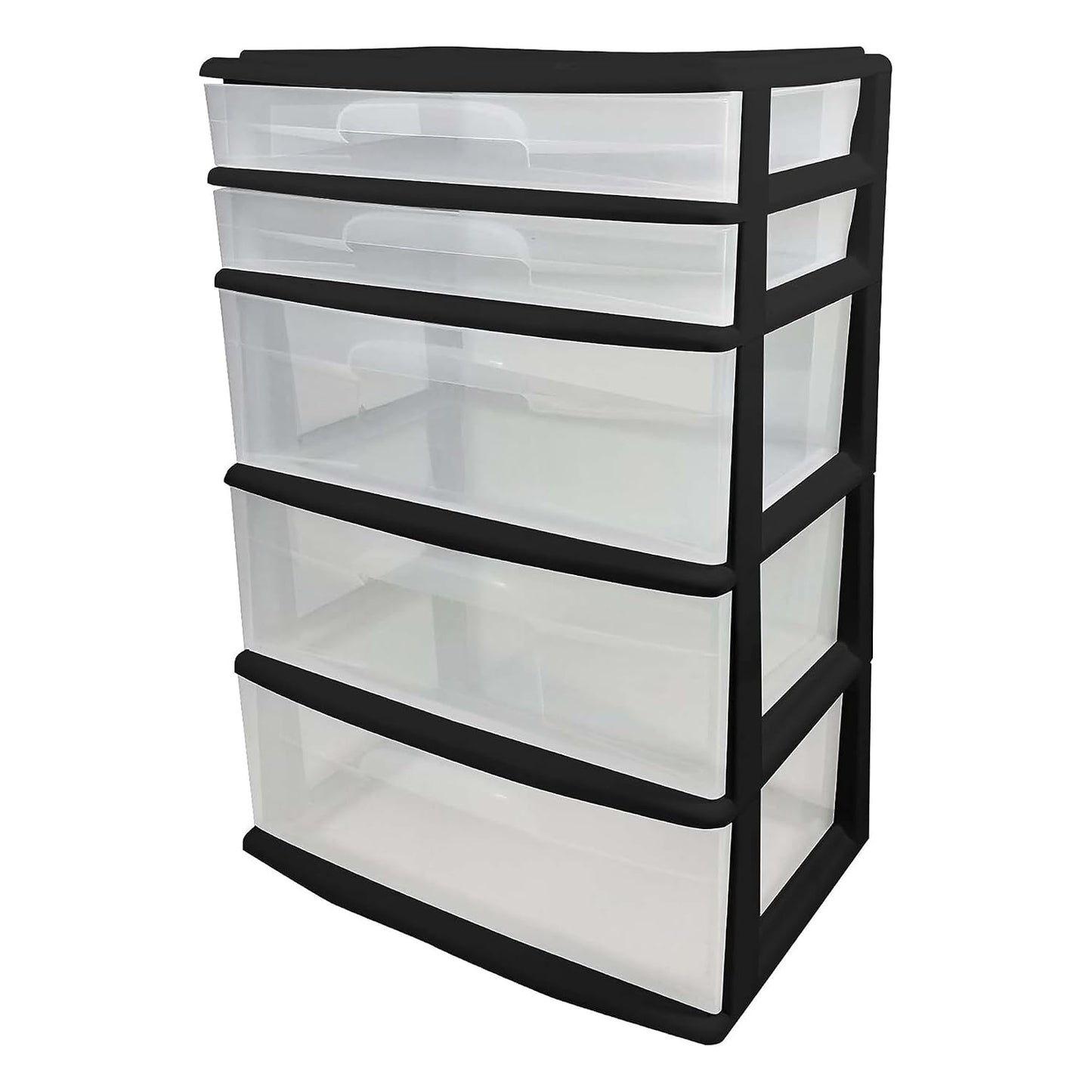 HOMZ Drawer Tower, 5-Tier Extra-Wide Clear Plastic Storage Organizer Cart, Black Frame - Stackable Container Boxes for Bedroom, Bathroom, Garage, and Office Organization