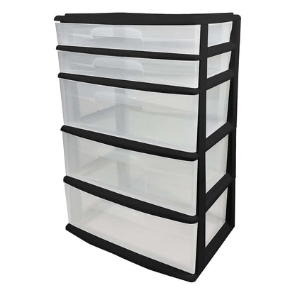 HOMZ Drawer Tower, 5-Tier Extra-Wide Clear Plastic Storage Organizer Cart, Black Frame - Stackable Container Boxes for Bedroom, Bathroom, Garage, and Office Organization
