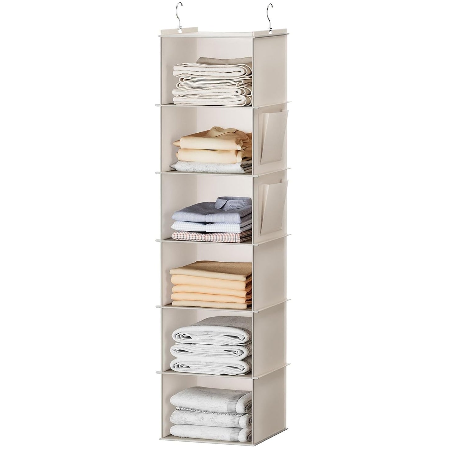 YOUDENOVA Hanging Closet Organizer and Storage, 6-Shelf, Beige | Breathable Fabric, 2 Side Pockets, Clothes Organizer, Hanging Shelves, Closet Storage, College Dorm Room Essentials for Guys