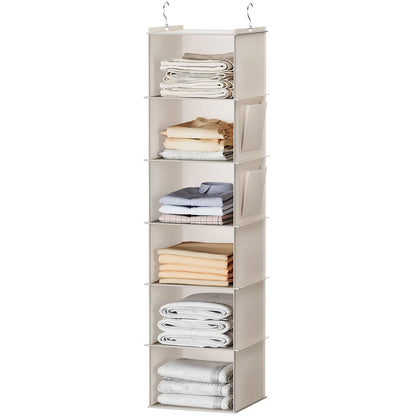 YOUDENOVA Hanging Closet Organizer and Storage, 6-Shelf, Beige | Breathable Fabric, 2 Side Pockets, Clothes Organizer, Hanging Shelves, Closet Storage, College Dorm Room Essentials for Guys