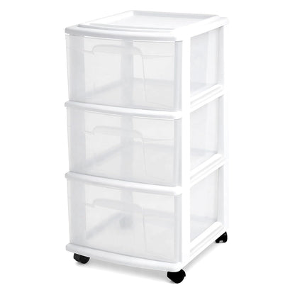 HOMZ 3-Drawer Storage Cart, Plastic Home, Dorm, & Office Organizer, White Frame | Plastic Organizer with Clear Bin Drawers for Bedroom, Bathroom, Home Office, and Dorm Rooms